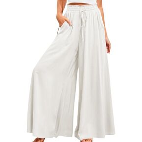 Muchpow Women's Wide Leg Drawstring Pants Elastic Waisted Casual Palazzo Trousers with Pockets(White,X-Large)