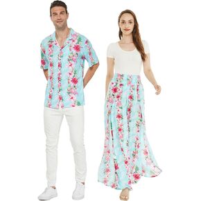 Matchable Couple Hawaiian Luau Shirt or Wide Legged Pants in Pink Turquoise, Hibiscus Vine