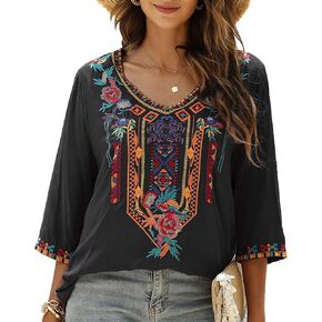 Higustar Women's Mexican Embroidered Tops Bohemian Style Peasant Summer 3/4 Sleeve Shirts Boho Tunic Blouses Hippie Clothes