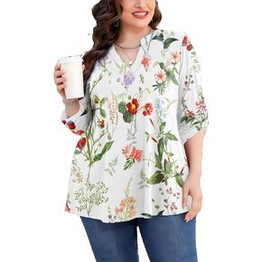 Women's Plus Size Blouses Rolled Sleeve V Neck Long Sleeve T Shirt Tops.