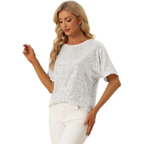 Allegra K Sequin Shirt for Women's Sparkly Dolman Sleeve Disco Party Bling Glitter Blouse