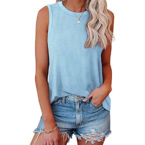 WIHOLL Crewneck Soft Waffle Knit Tank Top Women Loose Fit Curved Hem Cotton Beach Tops Trendy