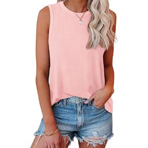 WIHOLL Crewneck Soft Waffle Knit Tank Top Women Loose Fit Curved Hem Cotton Beach Tops Trendy