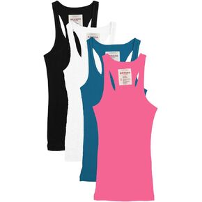 Zenana Outfitters 4 Pack Womens Ribbed Racerback Tank Top BLACK/WHITE/JADE/NPINK