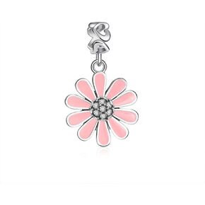 Ginger Lyne Collection Dangle Heart Daisy Flower Charm for Bracelet or Necklace for Women Girls Dangle European Bead Pink Enamel Clear Cubic Zirconia Over Sterling Silver