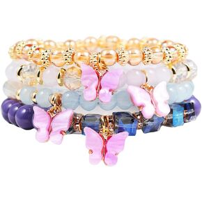 4/10Pcs Set Bohemian Butterfly Crystal Beaded Beads Stretch Pendant Bracelets for Women Girls Gold Beaded Stackable Stretch Bracelet Colorful Charm Jewelry Boho Summer