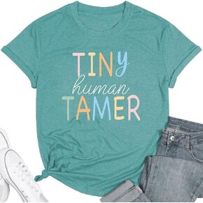 Teacher Shirts for Women - Kindergarten & Elementary School Teaching Tee Funny Tiny Human Tamer Graphic Tees Tops