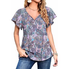 Neineiwu Women's Summer Casual Boho Floral Printed V Neck Chiffon Tops Drawstring Short Sleeve Blouses Shirt