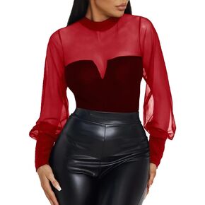 LINMON Women's Mesh Tops See Through Blouses Long Sleeve Bodycon Clubwear Sheer Pure Mesh Tops T Shirts