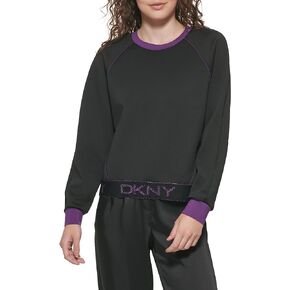 DKNY Women's Logo Waistband Contrast Cropped Sportswear Sweater, Black/Regal Purple, Medium