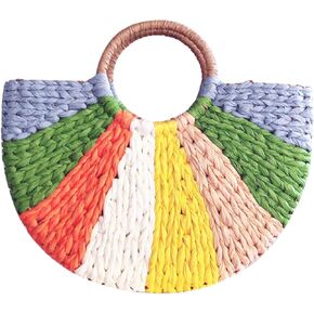 QZUnique Straw Rainbow Handbags Women’s Cotton Crochet Hand-Woven Tote Bag Top Handle Casual Shoulder Messenger Portable Bag