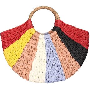 QZUnique Straw Rainbow Handbags Women’s Cotton Crochet Hand-Woven Tote Bag Top Handle Casual Shoulder Messenger Portable Bag