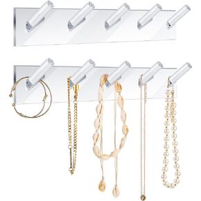 1 Pcs Acrylic Wall Mounted Necklaces Organizer with 6 Hooks Clear Adhesive Jewelry Wall Mount Hanging Hooks for Necklaces Bracelets Rings Chains