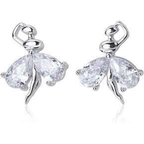 Crystal Ballet Dancer Sterling Silver Stud Earrings for Women Girls CZ Nickel Free Tiny Small Dancing Ballerina Cartilage Cuff Tragus Lucky Post Dainty Cute Jewelry Gifts for Daughter