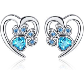 Blue CZ Paw Print Small Stud Earrings Shiny Cubic Zirconia Unicorn Cute Animals Tiny Studs for Women Girls Dainty Silver Plated Hypoallergenic Push Back Stud Earrings Birthday Christmas Piercing Jewelry Gifts