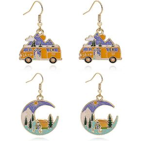 MIGUO STORE Cartoon Moon House Bus Mountain Peak Scenery Personalized Earrings Fashion Creative Alloy Moon Car House Earrings Jewelry Gifts for Women Girls