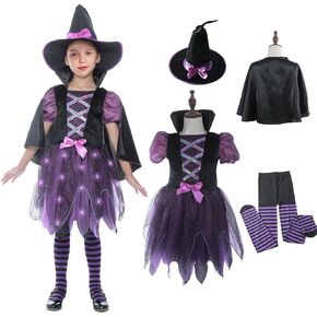 Sincere Party Girls Halloween Witch Costume,Deluxe Adorable Neon Colorful Witch Fancy Dress Up Costumes.