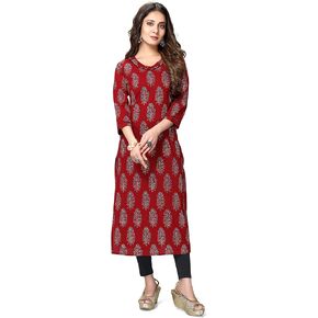 Rajnandini Women's Pure Cambric Cotton Jaipuri Printed Kurti (JOPLJPR43-Maroon)