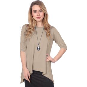 Kosher Casual Women’s High Neck Tunic Top with Three Quarter Sleeve and Handkerchief Hem Modest