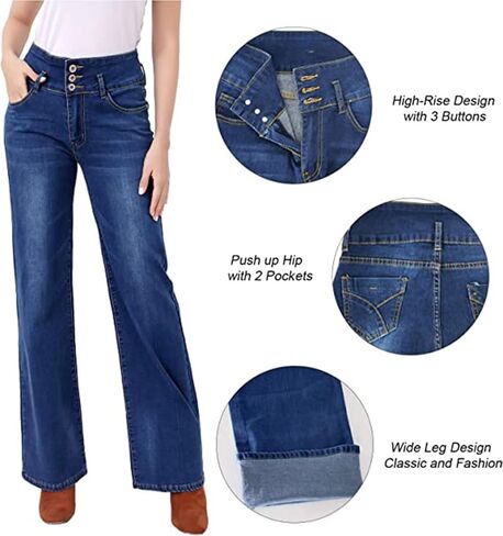 بنطلون جينز YUSHOW واسع للنساء بنطال جينز عالي الخصر للتخسيس من قماش الدنيم قابل للتمدد مستقيم وواسع الساق in Kuwait