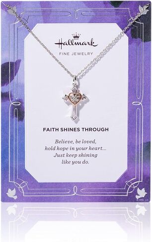 Hallmark Fine Jewelry Faith Cross Necklace Pendant in Sterling Silver with 14K Rose Gold Plating Heart and Diamonds, Metal, white-diamond in Saudi Arabia