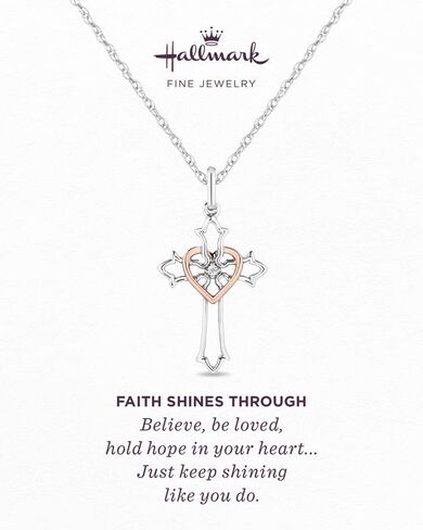 Hallmark Fine Jewelry Faith Cross Necklace Pendant in Sterling Silver with 14K Rose Gold Plating Heart and Diamonds, Metal, white-diamond in Saudi Arabia