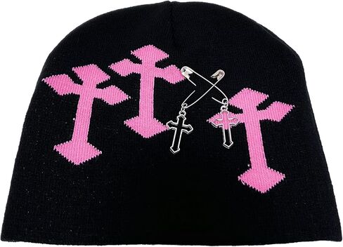 Y2k Beanie، Y2k Spider Beanie Star Cross Pattern قبعة لطيف الجرونج الملحقات مترهل بارد بيني للرجال والنساء in Kuwait