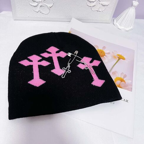 Y2k Beanie، Y2k Spider Beanie Star Cross Pattern قبعة لطيف الجرونج الملحقات مترهل بارد بيني للرجال والنساء in Kuwait