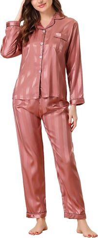 Womens Satin Lounge Stripe Nightshirt Button Down Tops with Pants Pajama Sets in Saudi Arabia