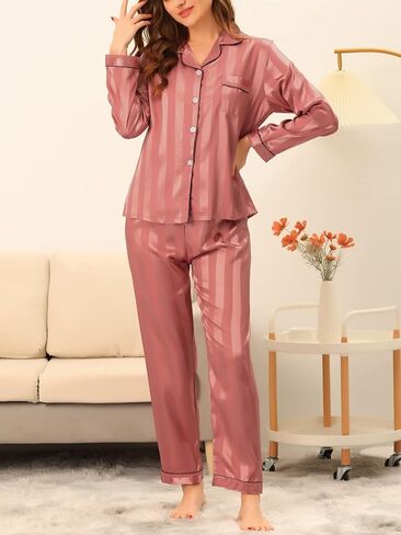 Womens Satin Lounge Stripe Nightshirt Button Down Tops with Pants Pajama Sets in Saudi Arabia