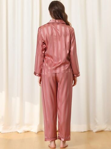 Womens Satin Lounge Stripe Nightshirt Button Down Tops with Pants Pajama Sets in Saudi Arabia
