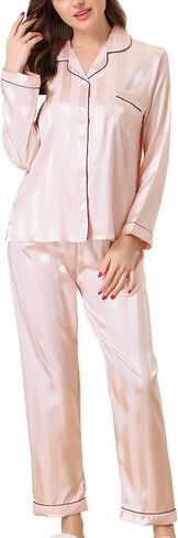 Womens Satin Lounge Stripe Nightshirt Button Down Tops with Pants Pajama Sets in Kuwait