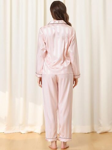Womens Satin Lounge Stripe Nightshirt Button Down Tops with Pants Pajama Sets in Kuwait