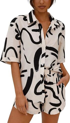 أطقم ملابس نسائية قصيرة من Lentta مكونة من قطعتين، قمصان صيفية كاجوال مطبوعة بأزرار سفلية، أطقم صالة in Kuwait