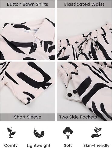 أطقم ملابس نسائية قصيرة من Lentta مكونة من قطعتين، قمصان صيفية كاجوال مطبوعة بأزرار سفلية، أطقم صالة in Kuwait