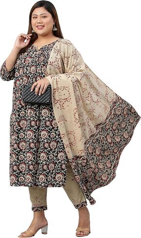 XL LOVE - كورتا نسائية هندية من القطن باللون الأسود بمقاس كبير مع بنطال ووشاح من Janasya Indian in Kuwait