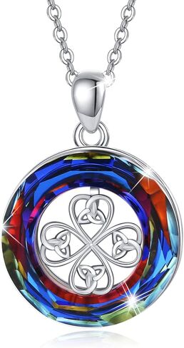 أربع أوراق البرسيم قلادة مع عقدة سلتيك أيرلندية وشكل دائري ملون كريستال S925 قلادة من الفضة الاسترليني للنساء الفتيات, فضة استرلينية, لا تعرف in Kuwait