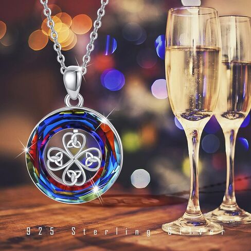 أربع أوراق البرسيم قلادة مع عقدة سلتيك أيرلندية وشكل دائري ملون كريستال S925 قلادة من الفضة الاسترليني للنساء الفتيات, فضة استرلينية, لا تعرف in Kuwait