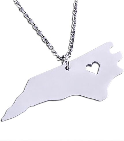 Stainless Steel I Love North Carolina Necklace, Tarheel Old North State Map Heart Pendant (Silver) in Saudi Arabia