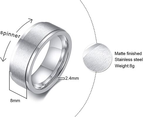 8mm Titanium Steel Black/Silver Fidget Ring Stainless Steel Spinner Rings Stress Relieving Anxiety Ring Engagement Wedding Promise Band for Women Men Size 6-13 in Kuwait