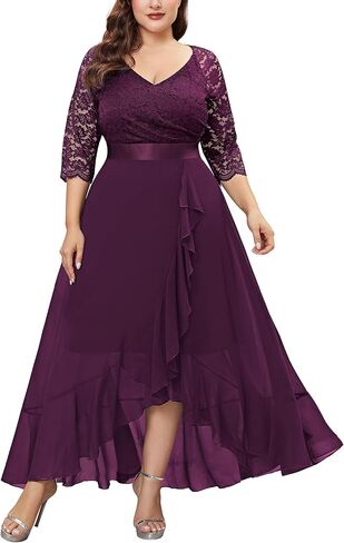 Miusol Women's Plus Size Elegant V Neck Ruffle Floral Lace Bridesmaid Maxi Dress in Saudi Arabia