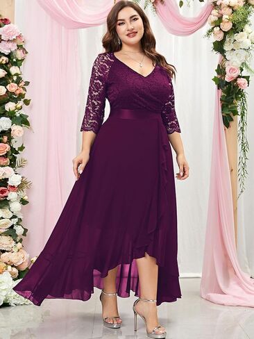 Miusol Women's Plus Size Elegant V Neck Ruffle Floral Lace Bridesmaid Maxi Dress in Saudi Arabia
