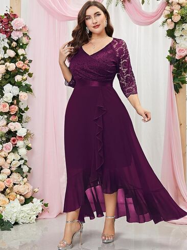 Miusol Women's Plus Size Elegant V Neck Ruffle Floral Lace Bridesmaid Maxi Dress in Saudi Arabia