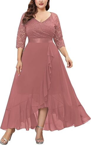 Miusol Women's Plus Size Elegant V Neck Ruffle Floral Lace Bridesmaid Maxi Dress in Saudi Arabia