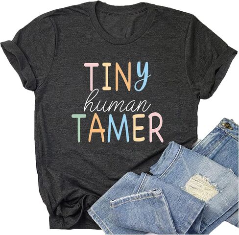 Teacher Shirts for Women - Kindergarten & Elementary School Teaching Tee Funny Tiny Human Tamer Graphic Tees Tops in Saudi Arabia