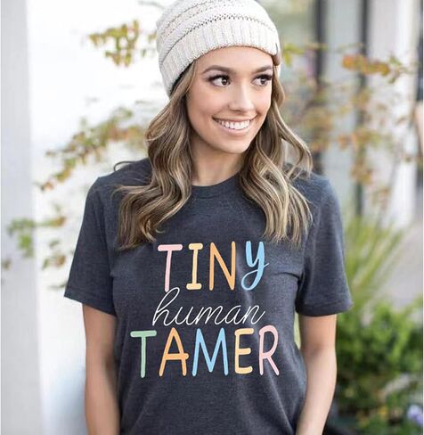 Teacher Shirts for Women - Kindergarten & Elementary School Teaching Tee Funny Tiny Human Tamer Graphic Tees Tops in Saudi Arabia