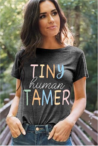 Teacher Shirts for Women - Kindergarten & Elementary School Teaching Tee Funny Tiny Human Tamer Graphic Tees Tops in Saudi Arabia