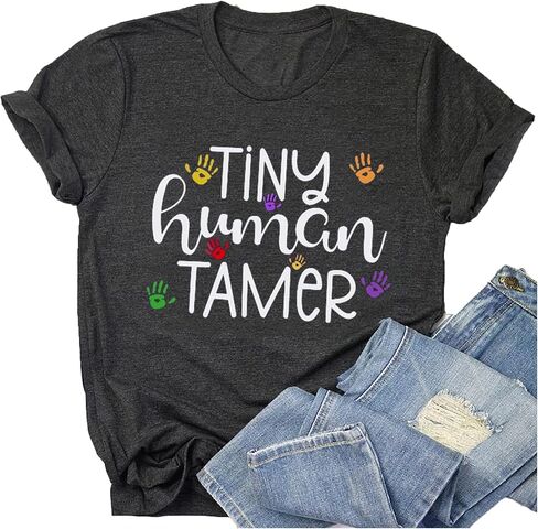 Teacher Shirts for Women - Kindergarten & Elementary School Teaching Tee Funny Tiny Human Tamer Graphic Tees Tops in Saudi Arabia