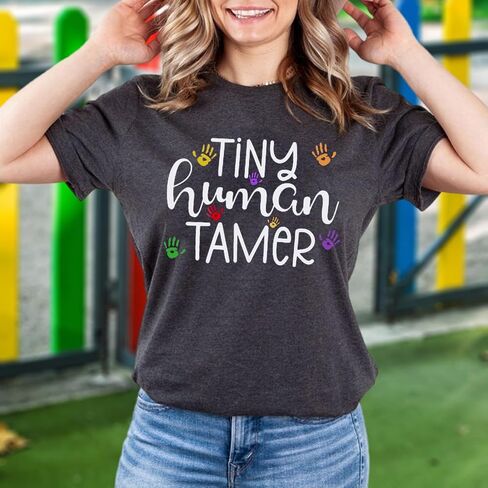 Teacher Shirts for Women - Kindergarten & Elementary School Teaching Tee Funny Tiny Human Tamer Graphic Tees Tops in Saudi Arabia