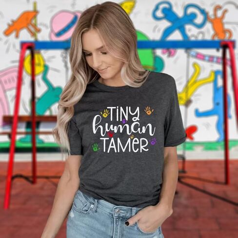 Teacher Shirts for Women - Kindergarten & Elementary School Teaching Tee Funny Tiny Human Tamer Graphic Tees Tops in Saudi Arabia